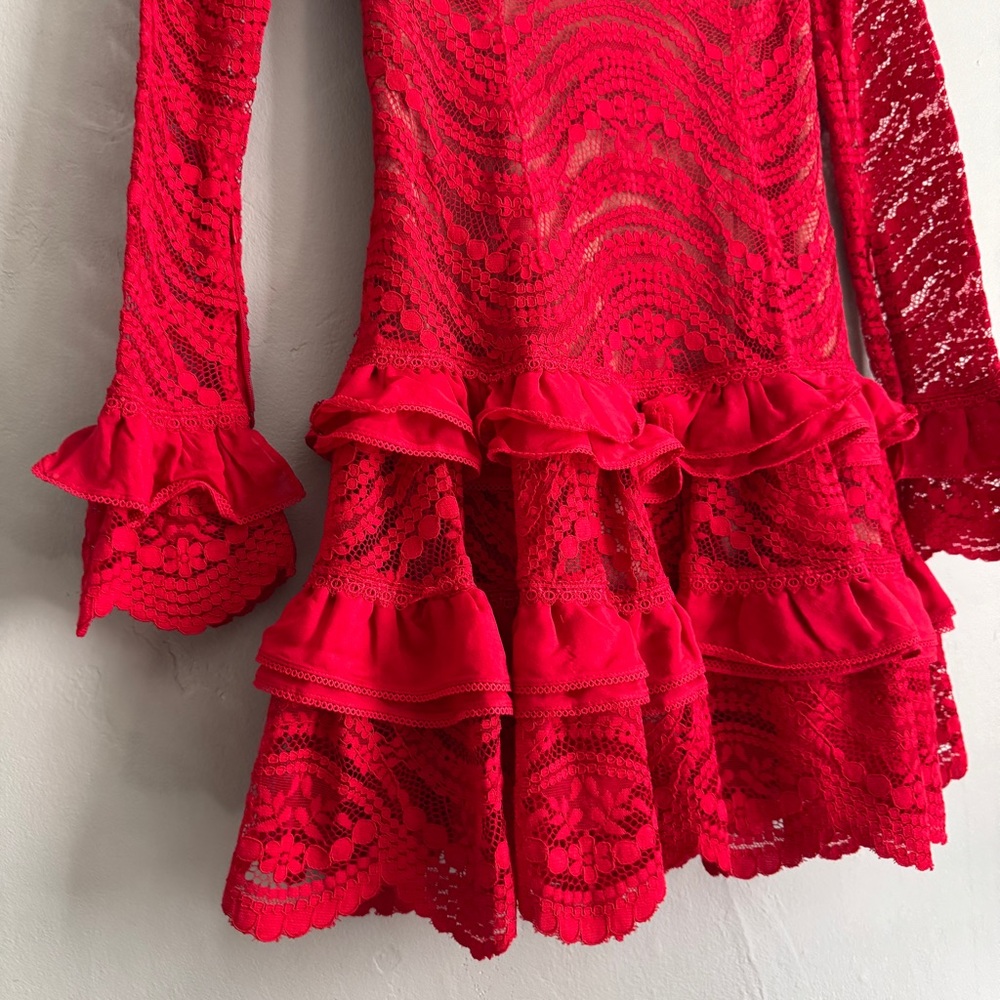 Jonathan Simkhai Red Lace Ruffle Mini Dress Long Sleeve Scallop Cocktail XS sz2 - Picture 5 of 15